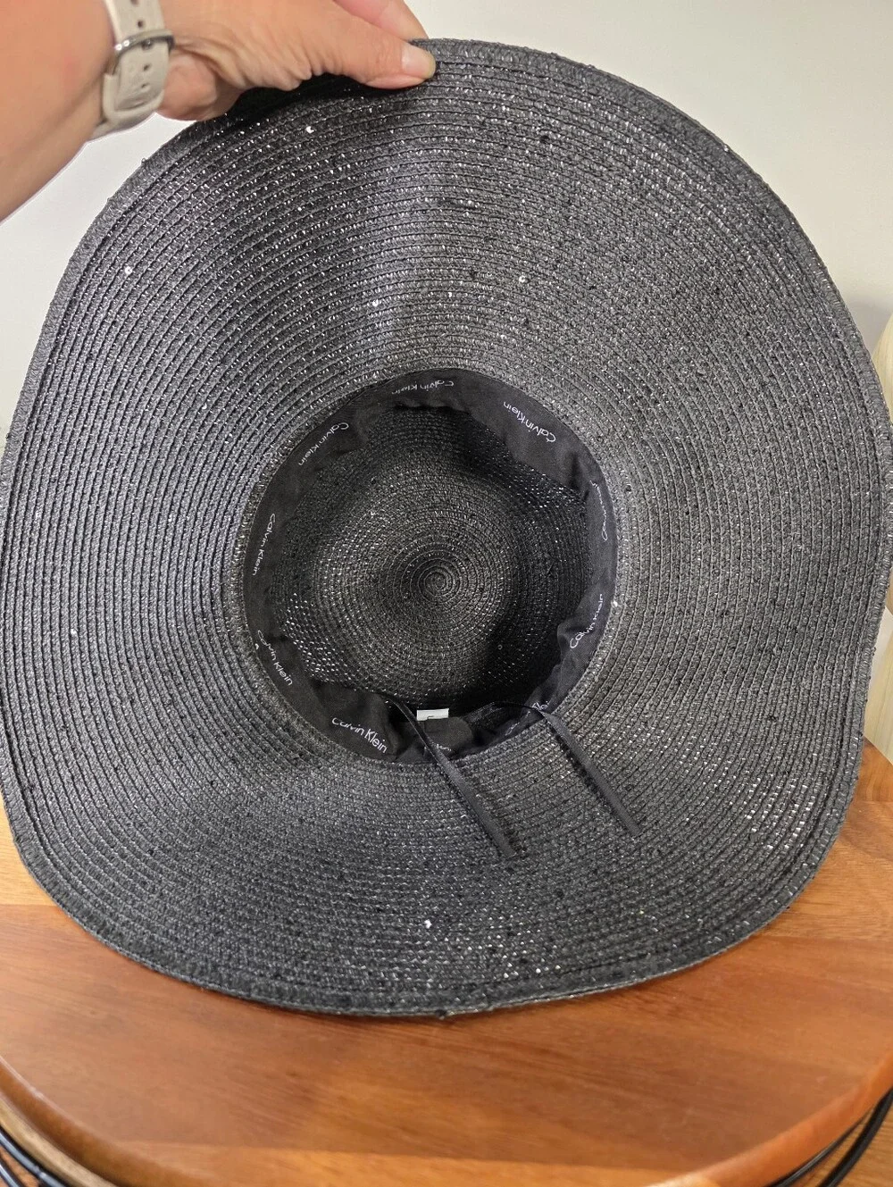 Calvin Klein Black Sparkle Straw Floppy Sun Hat Wide Brim Beach